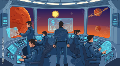 Obraz na plátně Futuristic spaceship cockpit command center vector illustration featuring astron