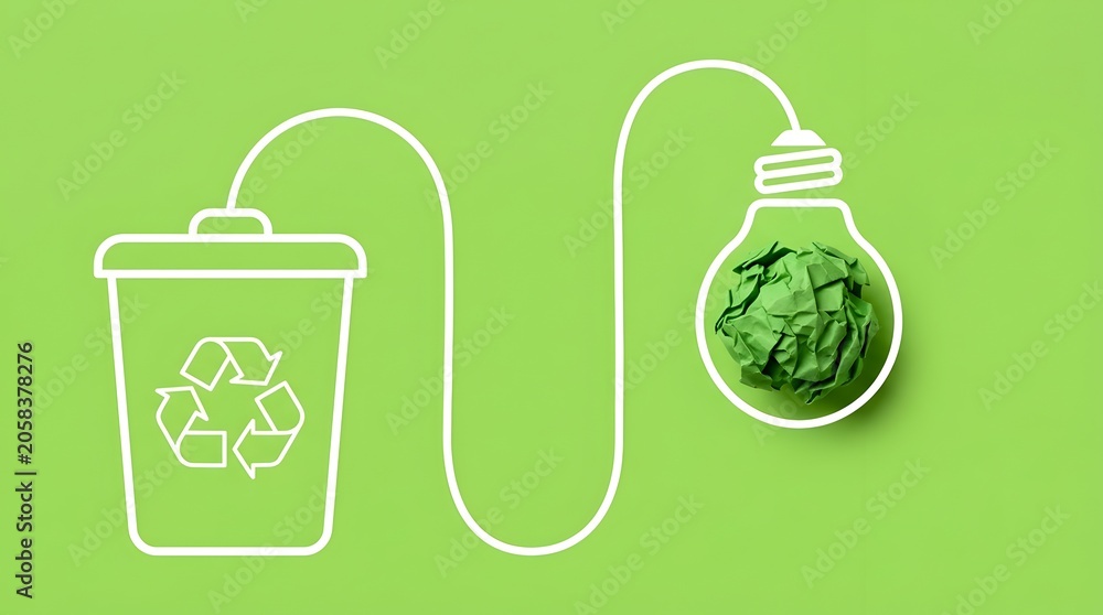 Obraz premium Recycling waste management concept with trash bin connected to green paper lightbulb representing circular economy and sustainable renewable energy
