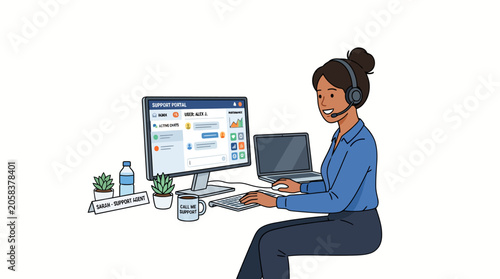 An accountant works on computer at desk with papers and plants in office