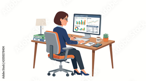 A woman works on a computer analyzing data at a desk.