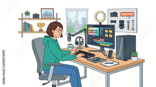 Female freelancer working on computer at office desk with equipment