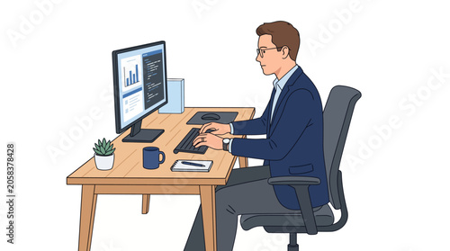 Office worker sitting at desk with computer and papers