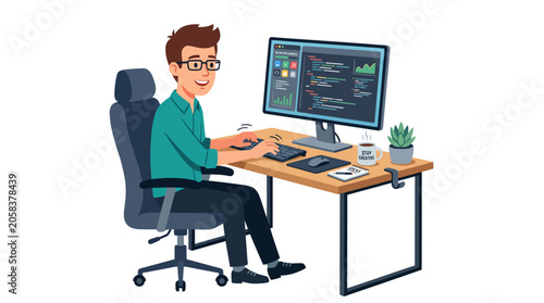Flat office employee sitting at desk holding laptop computer and working
