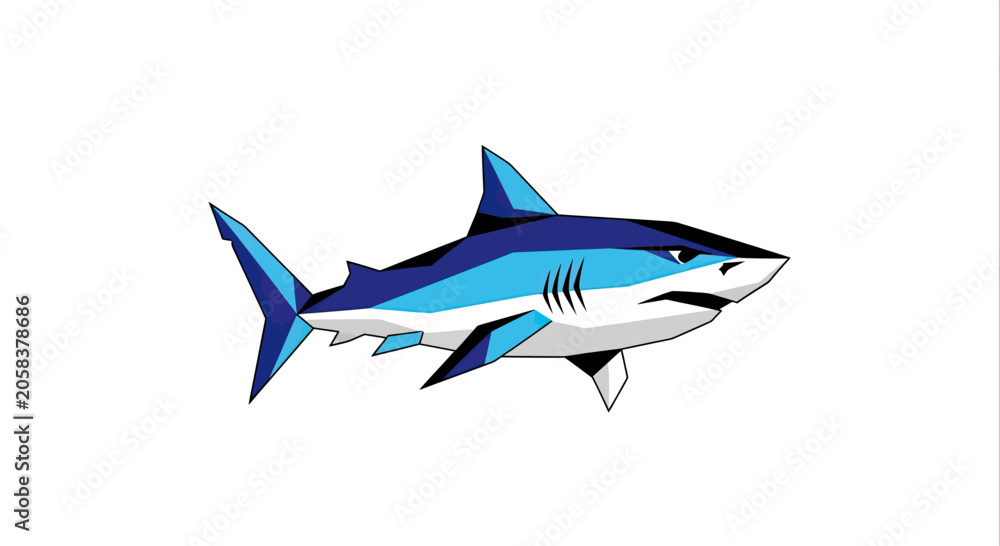 Fototapeta premium Blue and white geometric shark swimming profile.