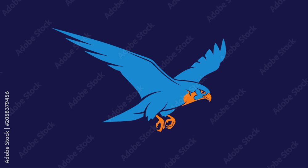 Fototapeta premium Blue and orange hawk soaring on dark blue background.