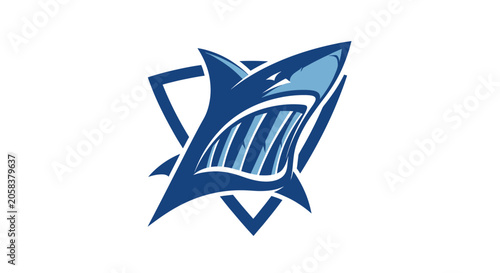 Obraz na plátně Blue shark head mascot logo inside geometric triangle.