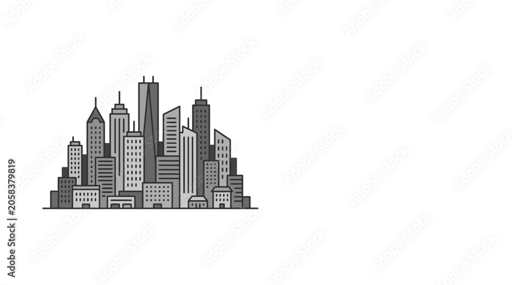 Obraz premium A detailed black and white line art illustration of a dense urban city skyline.