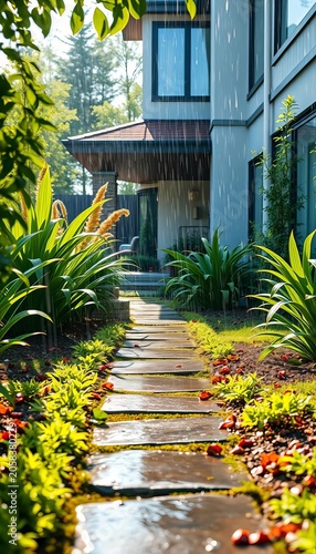 Serene garden with gentle rain falling on plants and stone pathway in early morning sunlight at a contemporary home, Outdoor spaces, Foliage