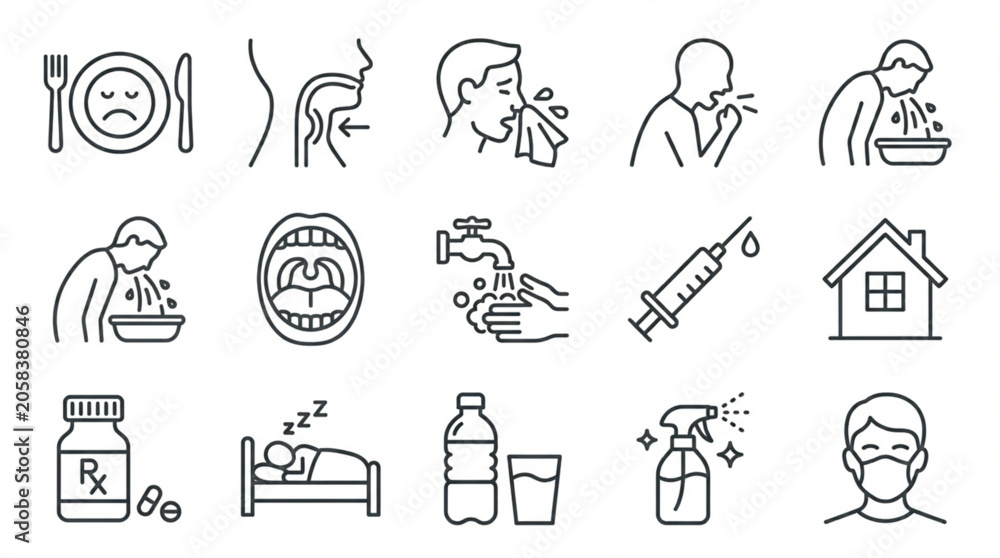 Fototapeta premium Cold and flu symptoms line icon vector set with sickness prevention medicine pill bottle and flu shot vaccine symbols