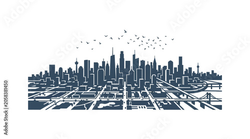 Fotografie Detailed monochrome illustration of a sprawling metropolitan city skyline with urban infrastructure