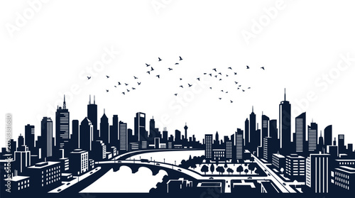 Fotografie Detailed black and white silhouette illustration of a sprawling modern city skyline