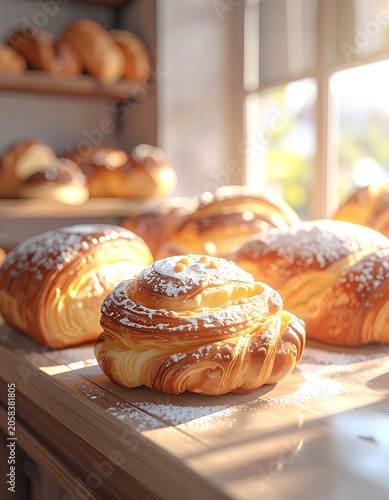 A warm bakery interior with pastries on a wooden counter