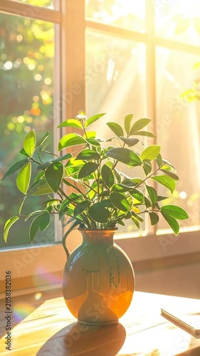 A green plant in a ceramic vase sits by a sunny window