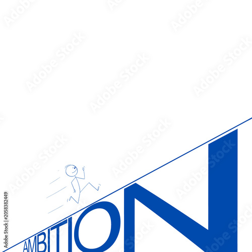 A minimalist illustration featuring a stick figure running upwards along the bold blue text of the word ambition, symbolizing career growth and determination
