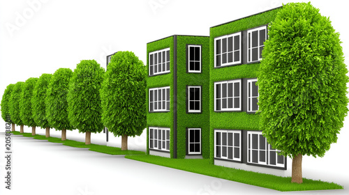 Modern sustainable residential building exterior covered in lush green foliage and mature trees