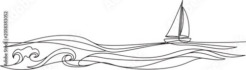 Sailboat on ocean waves continuous line drawing illustration for nautical design and marine travel concept vector art