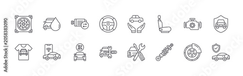 Foto set of 16 thin line automotive ecommerce icons including cooling, apparel, fluids, gadgets, motor, manuals, steering, automotive, auto