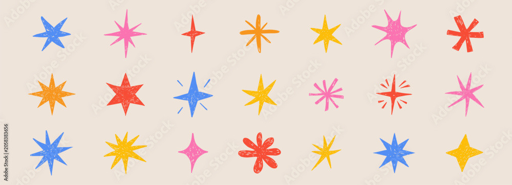 Fototapeta premium Crayon twinkles spark, hand drawn star set. Pastel brush flare glare light magic stars. Pencil scribble childlike wax pencil doodle scribble elements.