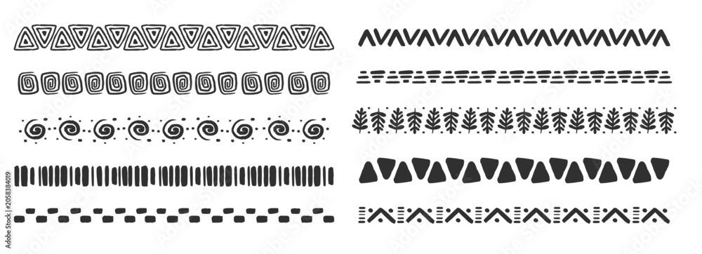 Fototapeta premium Tribal African folk border, decorative ethnic motif hand drawn doodle set. Tribal geometric design. Aztec art dividers, trendy boho separators.