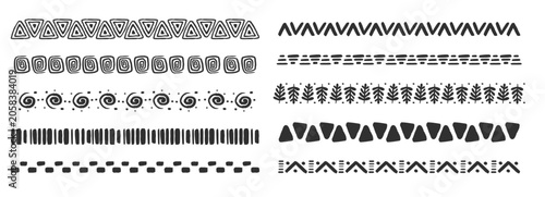 Tribal African folk border, decorative ethnic motif hand drawn doodle set. Tribal geometric design. Aztec art dividers, trendy boho separators.