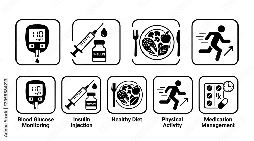 Fototapeta premium Diabetes Care and Healthy Lifestyle Management Icons Set
