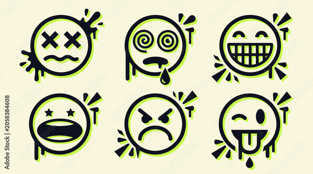 Fototapeta premium Set of graffiti style drip emoticons with various facial expressions in neon green and black, representing urban street art design, symbolizing expressive emoji communication