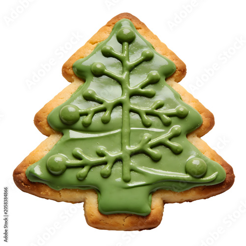 Festive Christmas Tree-Shaped Cookie with Green Icing and Decorative Details