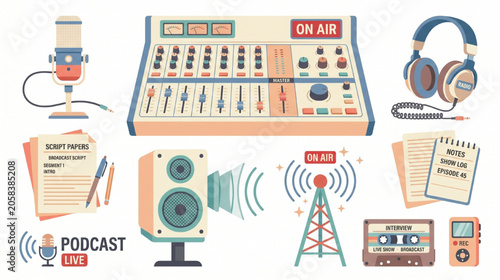 Radio Broadcasting Station Vector Set with Microphones Headphones and Studio Equipment
