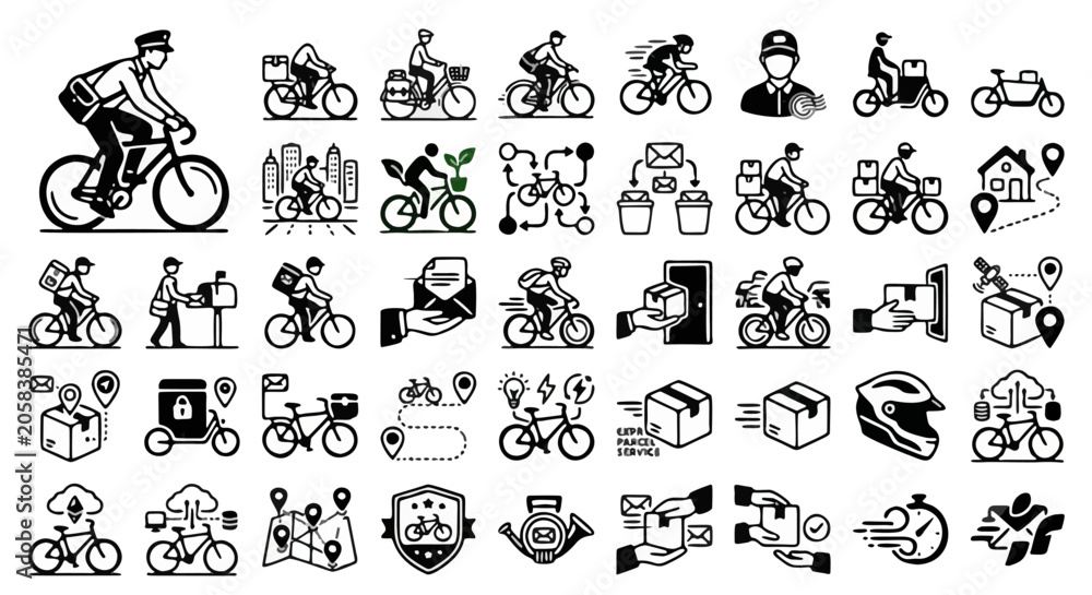 Fototapeta premium Bicycle delivery service icons set, courier on bike vector illustrations, mail and package shipping symbols, logistics and transport graphics