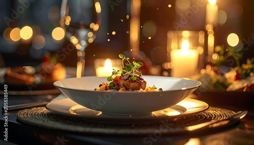 A warmly lit dinner setting with a bowl of food