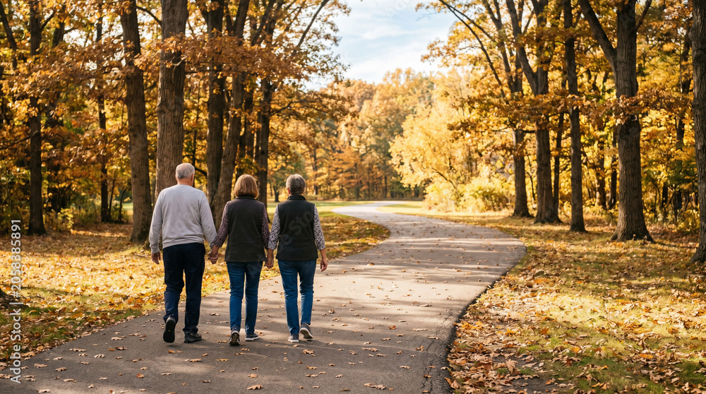 Fototapeta premium Group of three people walking down a paved path in a sunlit autumn forest.