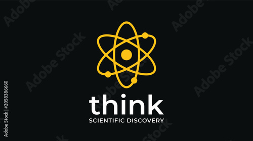 Bild auf Leinwand A minimalist yellow atom symbol with think scientific discovery text on a black