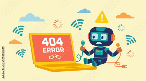 Foto Robot troubleshooting 404 error on laptop with technical connection problems and