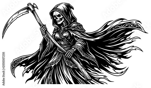 Tableau sur toile Female Grim Reaper skeleton woman with scythe line art vector