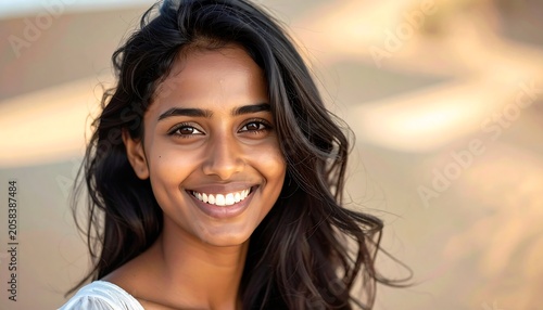 Smiling Young Woman with Long Dark Hair Posing Outdoors in Warm Sandy Landscape