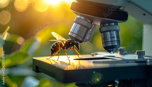 A wasp on a microscope in a sunny outdoor setting