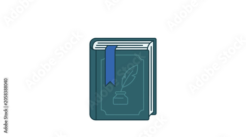 Cuadro en lienzo A stylized illustration of a dark green hardcover book featuring a quill and inkwell icon with a blue bookmark