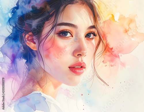 A watercolor portrait of a young woman