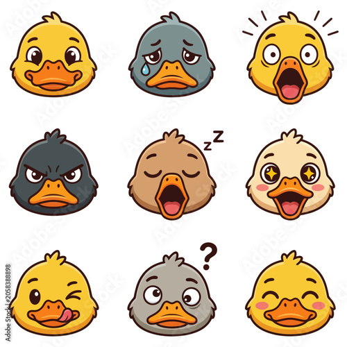 Cute Duck Emoji Faces Set with Different Emotions Vector Icons
