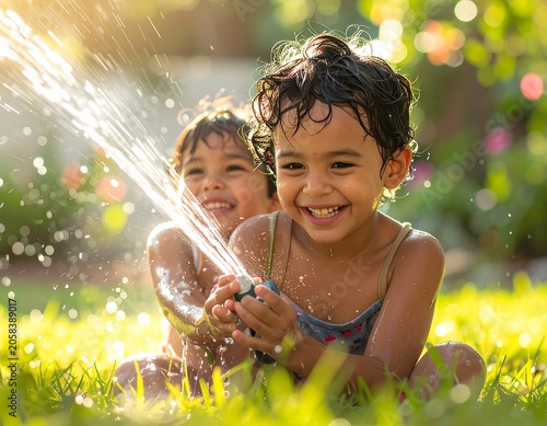 Joyful Young Children Playing with Water Hose on Sunny Garden Lawn