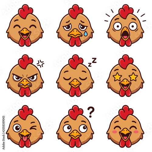Cute Chicken Emoji Set - Expressive Cartoon Rooster Faces with Various Emotions
