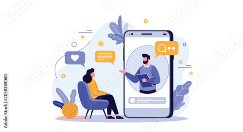 Online psychological counseling concept with a woman talking to a therapist through a large smartphone screen in a flat style.