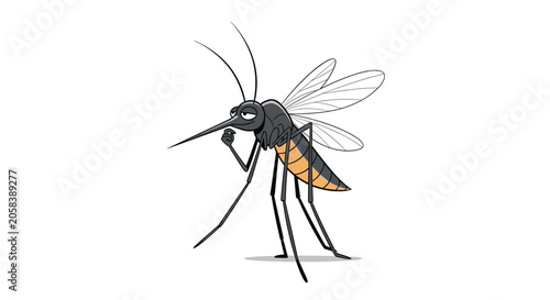 Humorous cartoon mosquito stands with a confident pose displaying sharp wings and a long proboscis on white.
