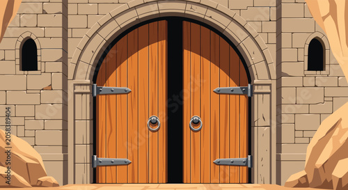 Giant wooden gates of medieval stone castle half open revealing dark passageway inside on sunny day on white.