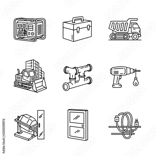 Tablou pe pânză This vector illustration features a set of nine black and white icons representing various construction equipment, tools, and building materials