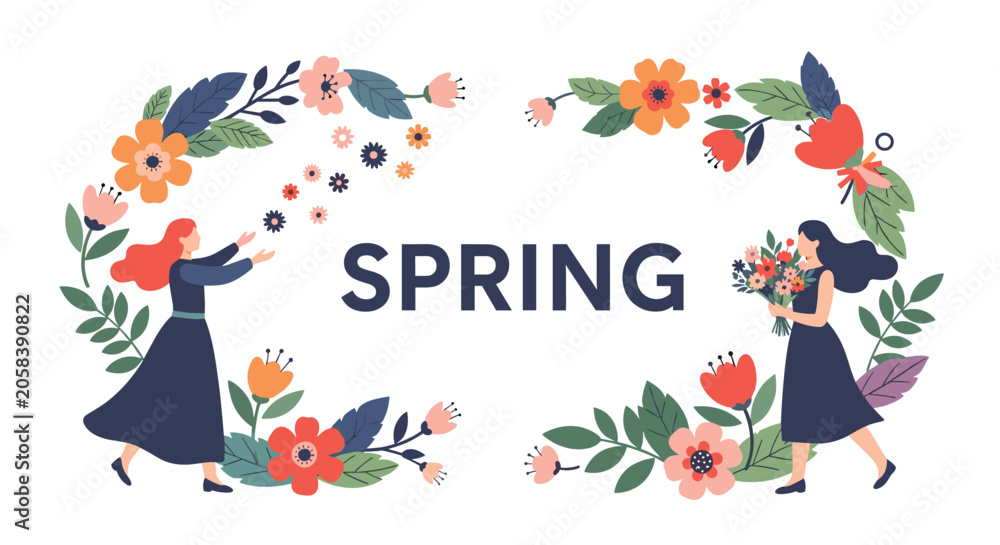 Fototapeta premium Creative spring season design featuring women picking and holding flowers surrounded by floral wreath and colorful plant elements.