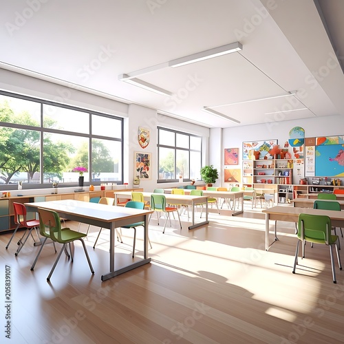A well-lit classroom with tables, chairs, and educational decorations