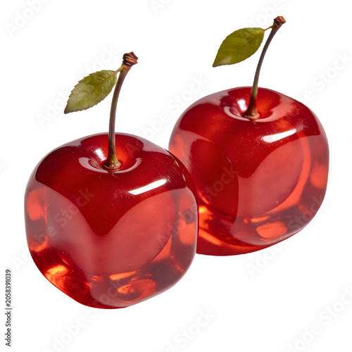 Bright Red Cherries with Green Leaves and Glossy Surface on Transparent Background