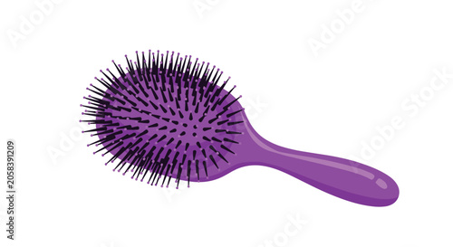 Single purple plastic hairbrush with black bristles isolated on white background for beauty and personal care themes.