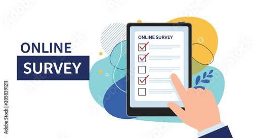 Hand touching tablet screen filling out online survey form with checkmarks for feedback and research concepts.